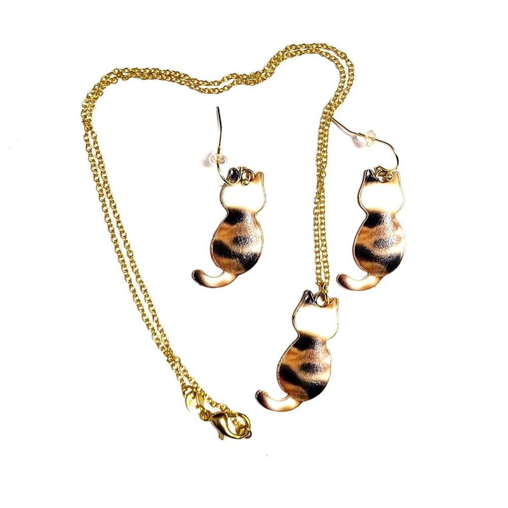 Tortoise Shell Painted Enamel Kitty Cat Back Earring and Necklace Set